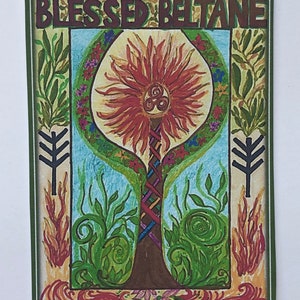 May include: A green framed illustration of a tree with a red sun-like top and a brown trunk. The tree is surrounded by green leaves and flowers. The text "Blessed Beltane" is at the top of the image.