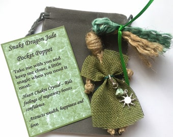 Pocket poppet green  snake dragon jade quartz good luck protection talisman velvet travel bag