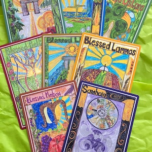Sabbat Wiccan original art work altar card single or full set Yule Imbolc Ostara Beltane Litha Lammas Mabon Samhain large 15 x 11 cm cards