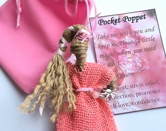Pocket poppet rose quartz good luck protection talisman velvet travel bag