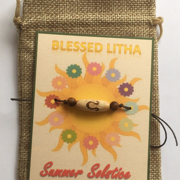 Litha Summer Solstice tie bracelet card bag gift set wish bracelet Wiccan sabbat gift natural wooden beads