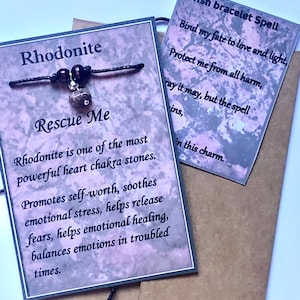 Bracelets de voeux en rhodonite, protection du chakra du coeur, sauvetage, guérison émotionnelle, coffret cadeau enveloppe, carte de sortilège
