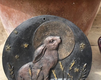 Harvest Moon Hare in wheat field plaque Wall  altar decoration beautifully detailed