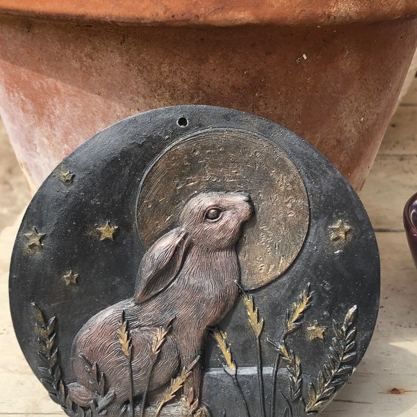 Harvest Moon Hare in wheat field plaque Wall  altar decoration beautifully detailed