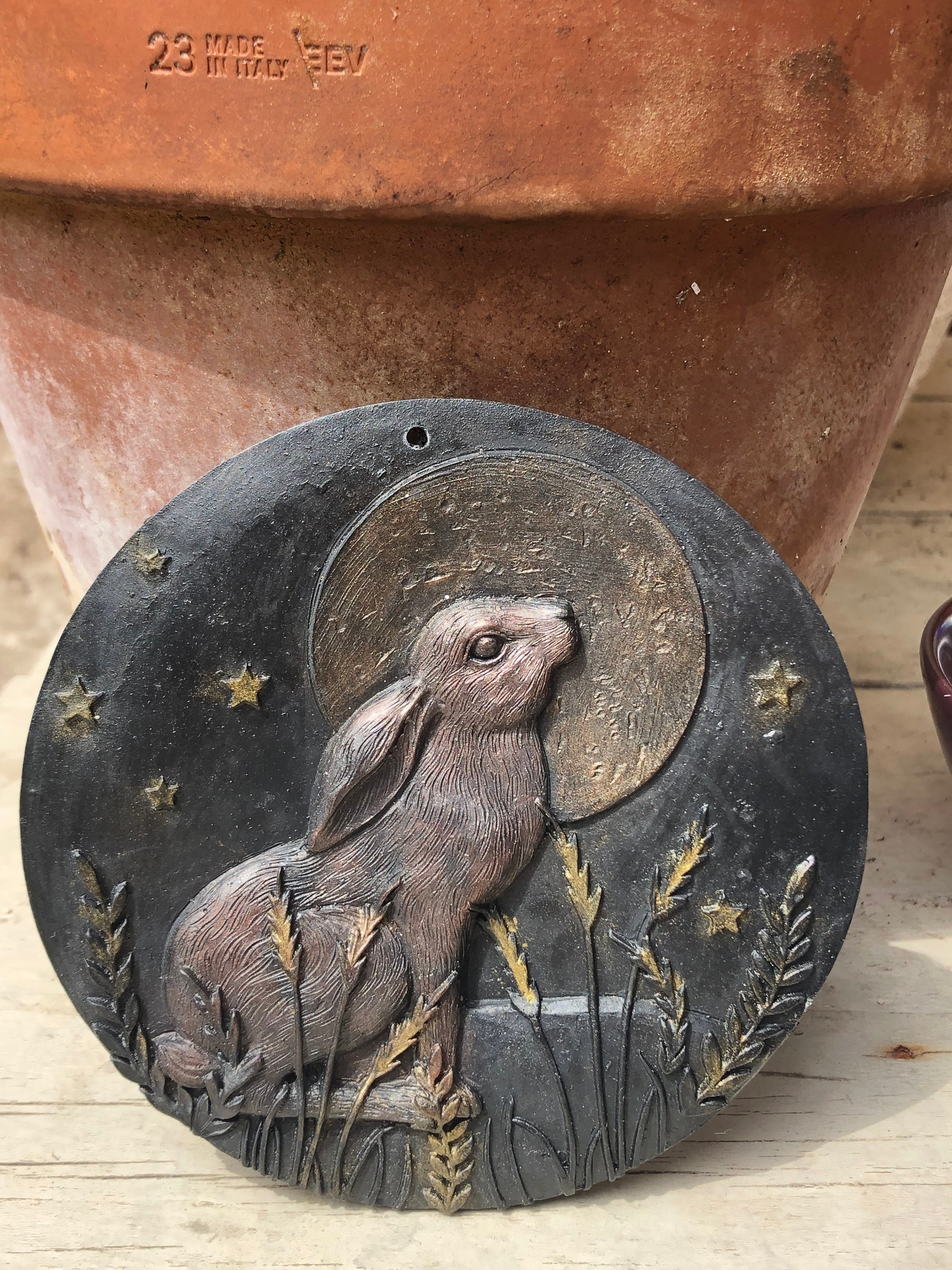Harvest Moon Hare in wheat field plaque Wall  altar decoration beautifully detailed