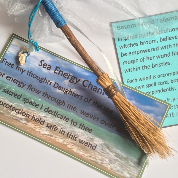 Sea Witch broom besom protection talisman 15cm mini wand spell card set altar cleansing aquamarine