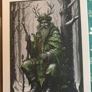 Weihnachtskarte Yuletide Grußkarten originaler Druck Holly King Green Man