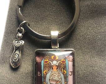 Tarot card key ring The Priestess glass cabochon star charm bag and card