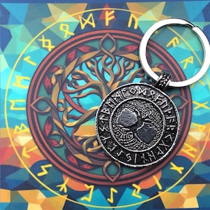 Porte-clés Viking nordique Elder Futhark runes Yggdrasil carte-cadeau arbre du monde et sac