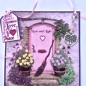 Carte à suspendre en quartz rose, porte rose, amour bénédiction, breloque coeur, cadeau d'anniversaire pour pendaison de crémaillère