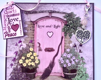 Rose Quartz Hanging Card pink door love blessing charm heart handfast birthday house warming gift
