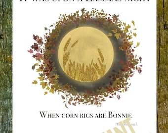 Lammas poster wall art card making  digital pdf image corn rigs harvest wreath  moon