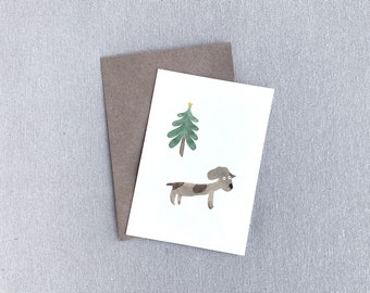 Tarjeta de felicitación / Aniversario / árbol de Navidad / Estacional / Acuarela / Acuarela / Dachshund Ilustración de perro /