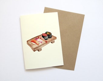 Tarjeta de felicitación / Aniversario / Cumpleaños / Acuarela / Ilustración / Sushi, Japón, Comida japonesa