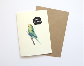 Tarjeta de felicitación / Aniversario / Cumpleaños / acuarela / Ilustración / Budgerigar de aves