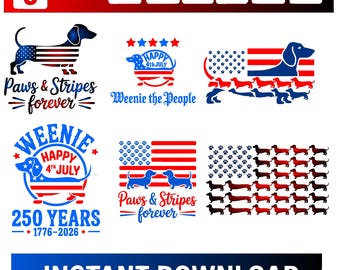 4 juli teckel SVG PNG-bundel, patriottische Weiner hond Cricut gesneden bestanden, Independence Day hond sublimatie ontwerp, Paws and Stripes