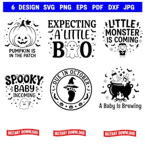 Puede incluir: Un conjunto de seis diseños gráficos digitales en blanco y negro con anuncios de bebé con temática de Halloween. El texto incluye frases como PUMPKIN IS IN THE PATCH, EXPECTING A LITTLE BOO, LITTLE MONSTER IS COMING, SPOOKY BABY INCOMING, DUE IN OCTOBER y A BABY IS BREWING.