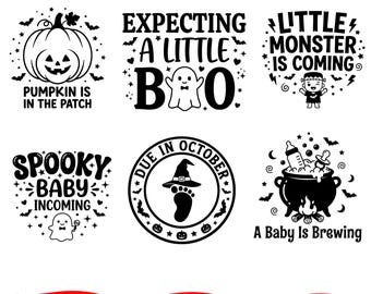 May include: A set of six black and white digital graphic designs featuring Halloween-themed baby announcements. The text includes phrases like PUMPKIN IS IN THE PATCH, EXPECTING A LITTLE BOO, LITTLE MONSTER IS COMING, SPOOKY BABY INCOMING, DUE IN OCTOBER, and A BABY IS BREWING.