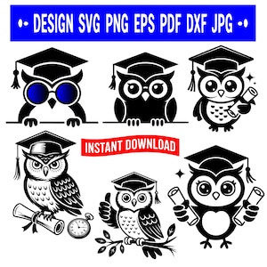 Könnte beinhalten: Eine Sammlung von sechs schwarz-weißen Eulenillustrationen mit Doktorhüten. Das Bild enthält den Text DESIGN SVG PNG EPS PDF DXF JPG und INSTANT DOWNLOAD. Die Eulen sind in verschiedenen Posen dargestellt, einige halten Diplome oder tragen eine Brille.