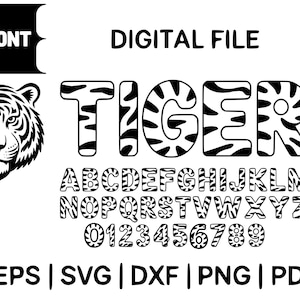 Puede incluir: Archivo digital en blanco y negro con una cabeza de tigre y la palabra "TIGER" en una fuente en negrita con patrones de rayas de tigre. Incluye un alfabeto completo, números y opciones de tipo de archivo.