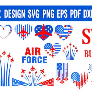May include: A digital SVG bundle featuring patriotic designs in red, white, and blue. Includes heart shapes, airplanes, and the text "AIR FORCE", "SVG BUNDLE", and "FREEDOM FLIGHT". The top banner reads "12 DESIGN SVG PNG EPS PDF DXF JPG".