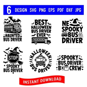 Può includere: Una collezione di sei design digitali in bianco e nero a tema Halloween con scuolabus, fantasmi, pipistrelli, cappelli da strega e segnali di stop, con testi come "Haunted Bus Driver", "Best Halloween Bus Driver Ever" e "Spooky Bus Driver".