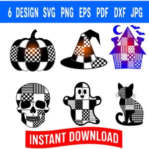May include: A digital collection of six Halloween-themed designs featuring a pumpkin, witch hat, house, skull, ghost, and cat, all decorated with black and white patchwork patterns. The text 6 DESIGN SVG PNG EPS PDF DXF JPG and INSTANT DOWNLOAD appear.