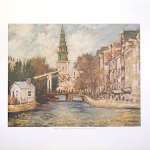 May include: A painting depicting a canal scene in a European city. The painting features a tall church tower, a bridge, and several buildings along the canal. The sky is cloudy and the water is calm. The painting is done in a realistic style with a focus on detail.