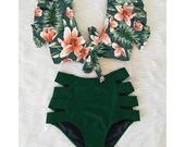 High Waisted Waist Bikini, 50s Retro Style Two piece Swimsuit Set, Daisy Cottagecore Y2k Swimwear Bathing Suit Clothing, Women Swimwear