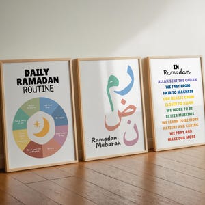 Ramadan wall art bundle with Arabic calligraphy, Ramadan Mubarak poster, and daily Ramadan routine print. Perfect for Muslim home decor, Islamic printable art, and Ramadan gifts. Ideal for prayer room decorations, spiritual wall art, and festive Ramadan displays. Great for celebrating the holy month with meaningful Islamic artwork. High-resolution digital download for easy printing. A thoughtful gift for Muslim families and Ramadan celebrations.