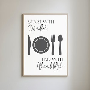 Minimalistische Bismillah Alhamdulillah islamitische keuken kunst aan de muur afdrukbare moderne islamitische Home decor begin met Bismillah einde met Alhamdulillah