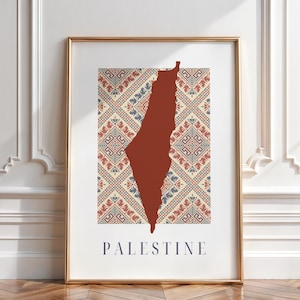 Palestine Wall Art Digital Printable Map with Palestinian Embroidery Pattern Tatreez Modern Islamic Decor Palestine Art Muslim Gift -Digital