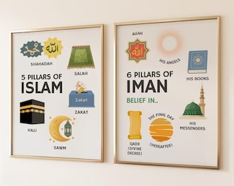 Five Pillars Of Islam And Six Pillars Of Iman Islamic Kids Wall Art Set Printable Islamic Educational Learning Posters Muslim Nursery Decor