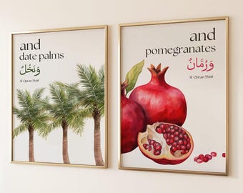 Date Palm And Pomegranate Quran Verse Wall Art Set Watercolor Islamic Botanical Printable Muslim Home Decor Ramadan Gift Digital Download