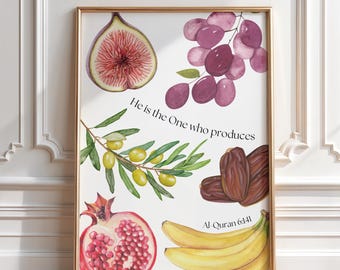 Quran Fruits Quran Verse Islamic Wall Art Botanical Fruits Printable Surah 61 Muslim Home Decor Art Fig Grape Date Banana Olive Pomegranate