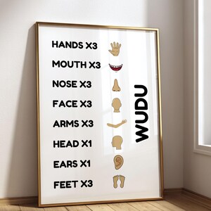 Wudu steps poster for kids featuring Islamic ablution guide with simple icons and repetition counts. Digital printable Islamic wall art for children. Perfect for Muslim kids learning wudu. Great for bathroom or prayer area decor. Minimalist and educational Muslim kids room print. Islamic homeschooling resource. Helps children memorize steps of making wudu easily. Printable wudu chart for Muslim parents and Islamic teachers.