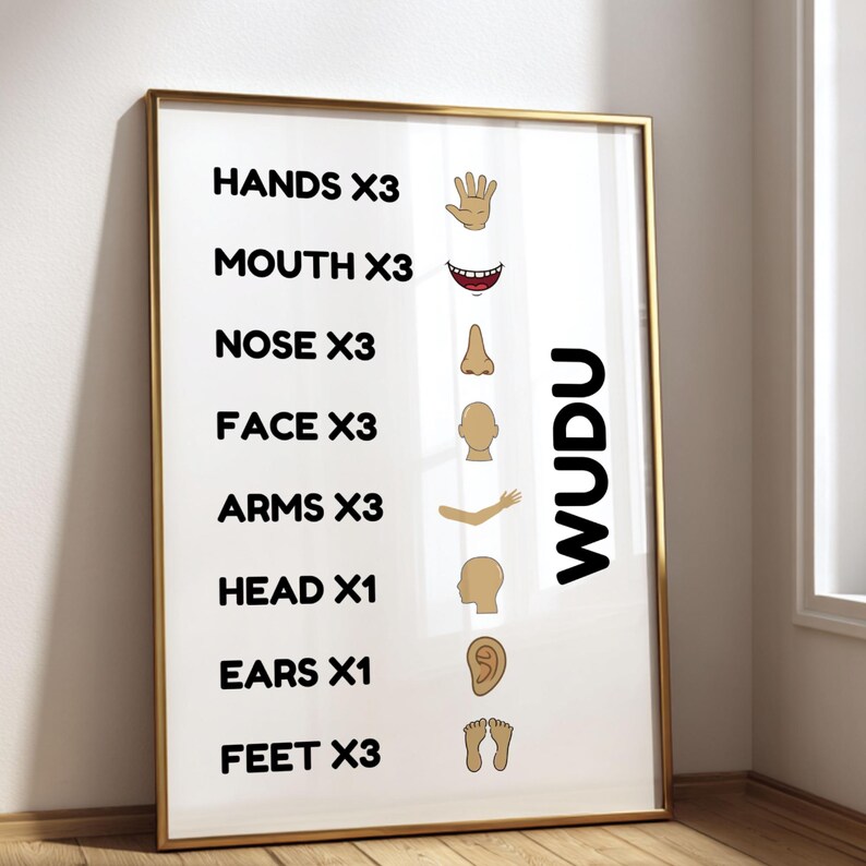 Wudu steps poster for kids featuring Islamic ablution guide with simple icons and repetition counts. Digital printable Islamic wall art for children. Perfect for Muslim kids learning wudu. Great for bathroom or prayer area decor. Minimalist and educational Muslim kids room print. Islamic homeschooling resource. Helps children memorize steps of making wudu easily. Printable wudu chart for Muslim parents and Islamic teachers.