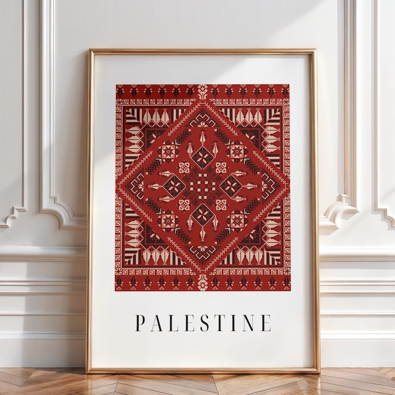 Digital wall art featuring a traditional Palestinian Tatreez embroidery pattern in vibrant red and black. The intricate geometric design symbolizes Palestinian cultural heritage, with the word "Palestine" elegantly displayed below.