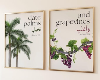 Islamic Botanical Wall Art Set Date Palms and Grapevines Quran Verse Muslim Kitchen Decor Housewarming Gift Muslim Gift Quran Wall Art
