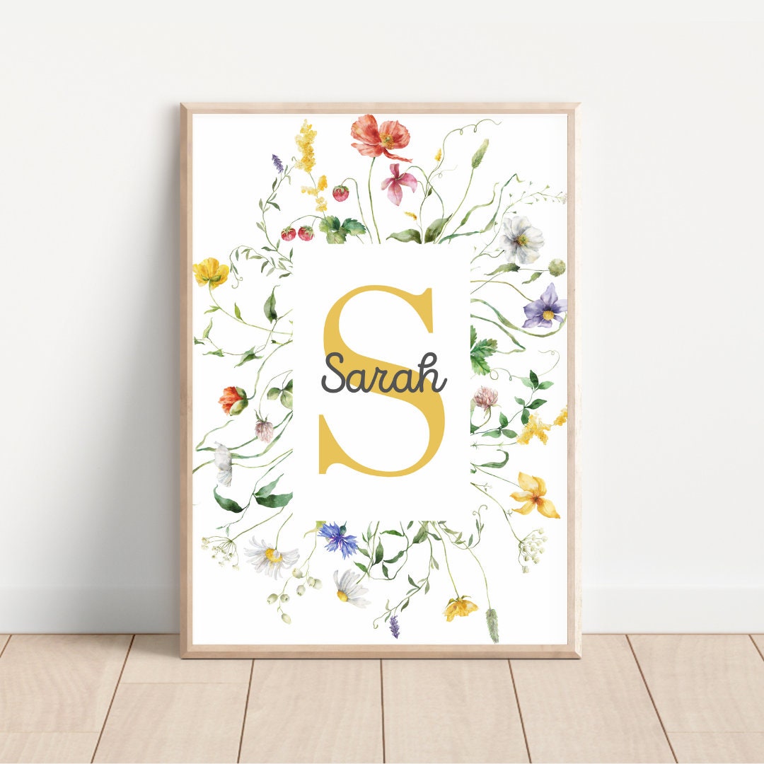Custom Name Print Floral Wall Art Personalized Name Printable Nursery ...