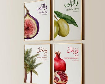 Quran Fruits Wall Art Set of 4 Islamic Quran Verse Printable Fig Olive Date Pomegranate Muslim Home Decor Arabic Botanical Wall Art Bundle