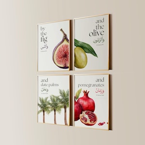 Islamic wall art set featuring Quran verse botanical prints of fig, olive, date palm, and pomegranate with Arabic calligraphy. Modern minimalist Muslim home décor printable bundle. Elegant Quran-inspired digital art perfect for living rooms, prayer spaces, or Islamic gifts. Arabic fruit illustration posters celebrating the beauty of Allah’s creation. Faith-based wall art set for modern Muslim households, Eid gifts, and spiritual interior design.
