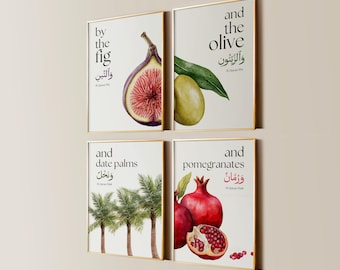 Islamic Wall Art Quran Verse Printable Wall Art Fig Olive Date Palm Pomegranate Set Modern Muslim Home Decor Arabic Botanical Poster Bundle