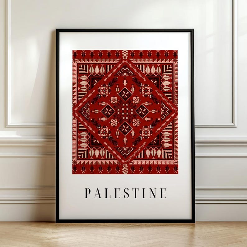 Digital wall art featuring a traditional Palestinian Tatreez embroidery pattern in vibrant red and black. The intricate geometric design symbolizes Palestinian cultural heritage, with the word "Palestine" elegantly displayed below.