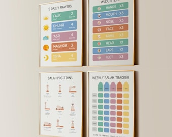 Salah Learning Bundle for Kids Islamic Prayer Posters Wudu Steps Prayer Positions Weekly Salah Tracker 5 Daily Prayers How To Pray Salah