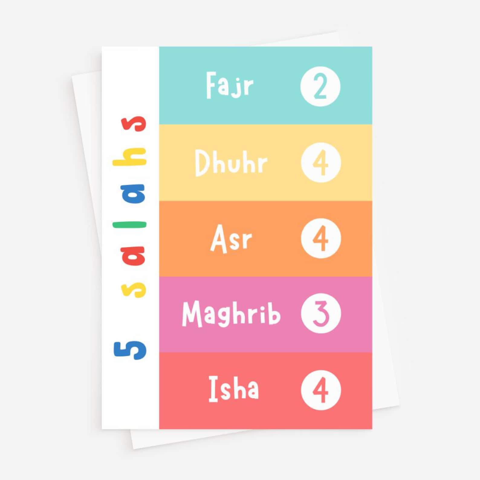 Colorful 5 Salahs and Rakats Kids Educational Digital Printable | Fun ...