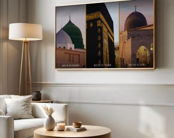 Three Holy Mosques Islamic 4K TV Art Digital Artwork Muslim Home Decor Masjid Haram Nabawi Qibli Aqsa Sacred Mosque Wall Art Samsung Frame