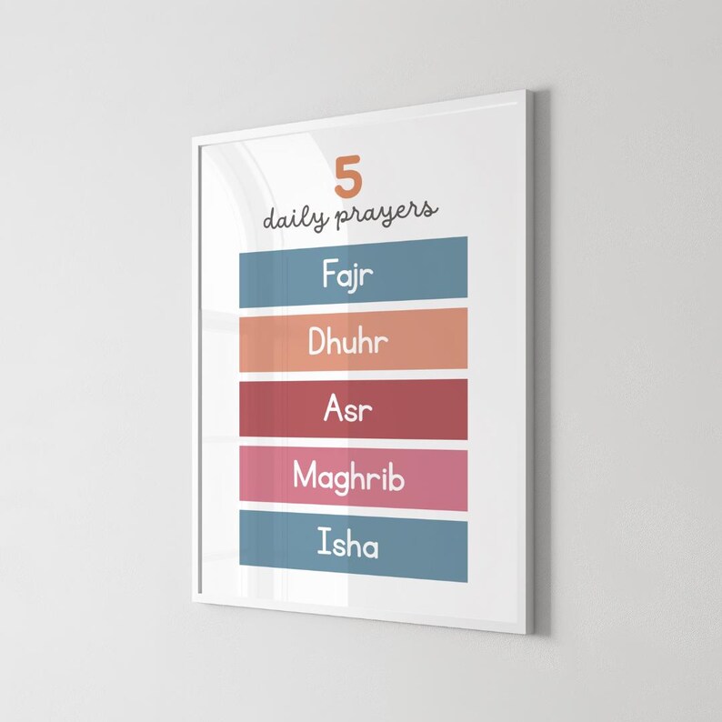 5 Daily Prayers Islamic Poster Muslim Kids Wall Art Salah Chart Fajr ...