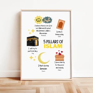 5 piliers de l'Islam Art mural islamique imprimable numérique pour enfants, affiche éducative musulmane, décor du ramadan, cadeau musulman de Shahada, zakat, hajj