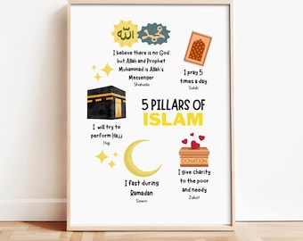 5 Säulen des Islam Digital Printable Islamische Kinder Wandkunst Muslimisches Lernposter Ramadan Dekor Shahada Salah Zakat Sawm Hajj Muslimisches Geschenk